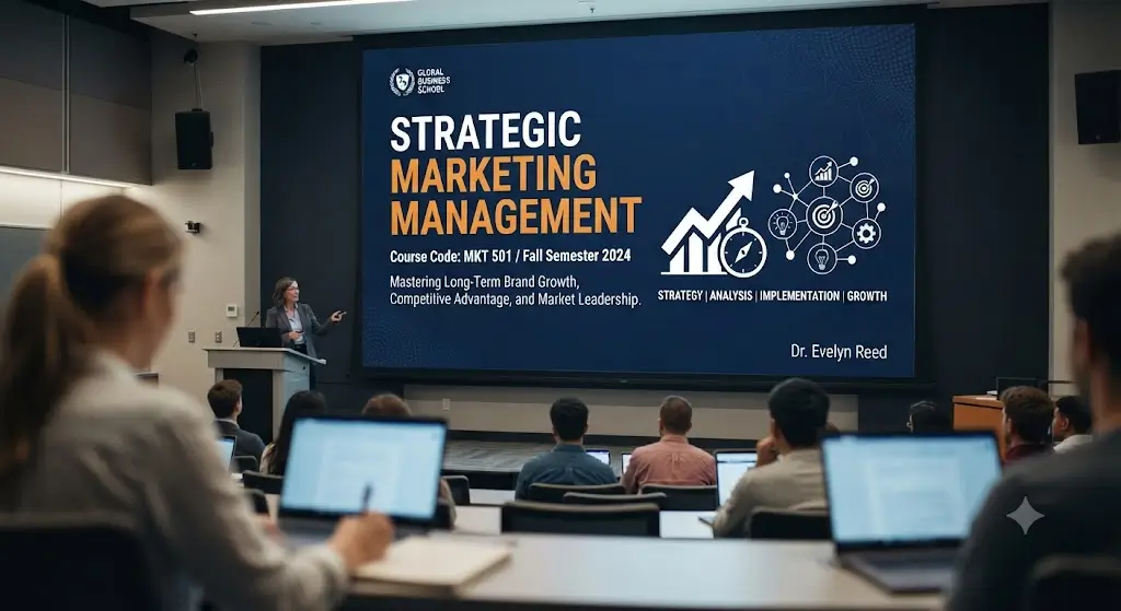 High-quality educational course image for Strategic Marketing Management with leadership and planning visuals.