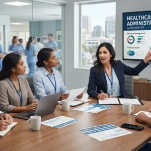 Modern e‑learning image showing Healthcare Operations Administration course visuals