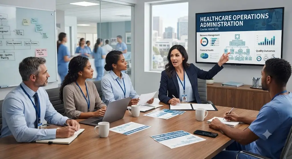 Modern e‑learning image showing Healthcare Operations Administration course visuals