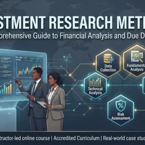 Modern educational image for Investment Research Methods course with financial analysis and research visuals