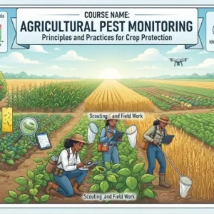 Modern educational image for Agricultural Pest Monitoring course with pest detection and crop health visuals