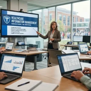 Modern e‑learning image showing Healthcare Information Management course visuals