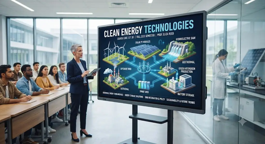 High-quality educational course image featuring Clean Energy Technologies with modern visuals