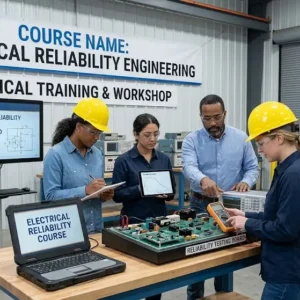 High-quality educational course image for Electrical Reliability Engineering with reliability analysis and preventive maintenance visuals.