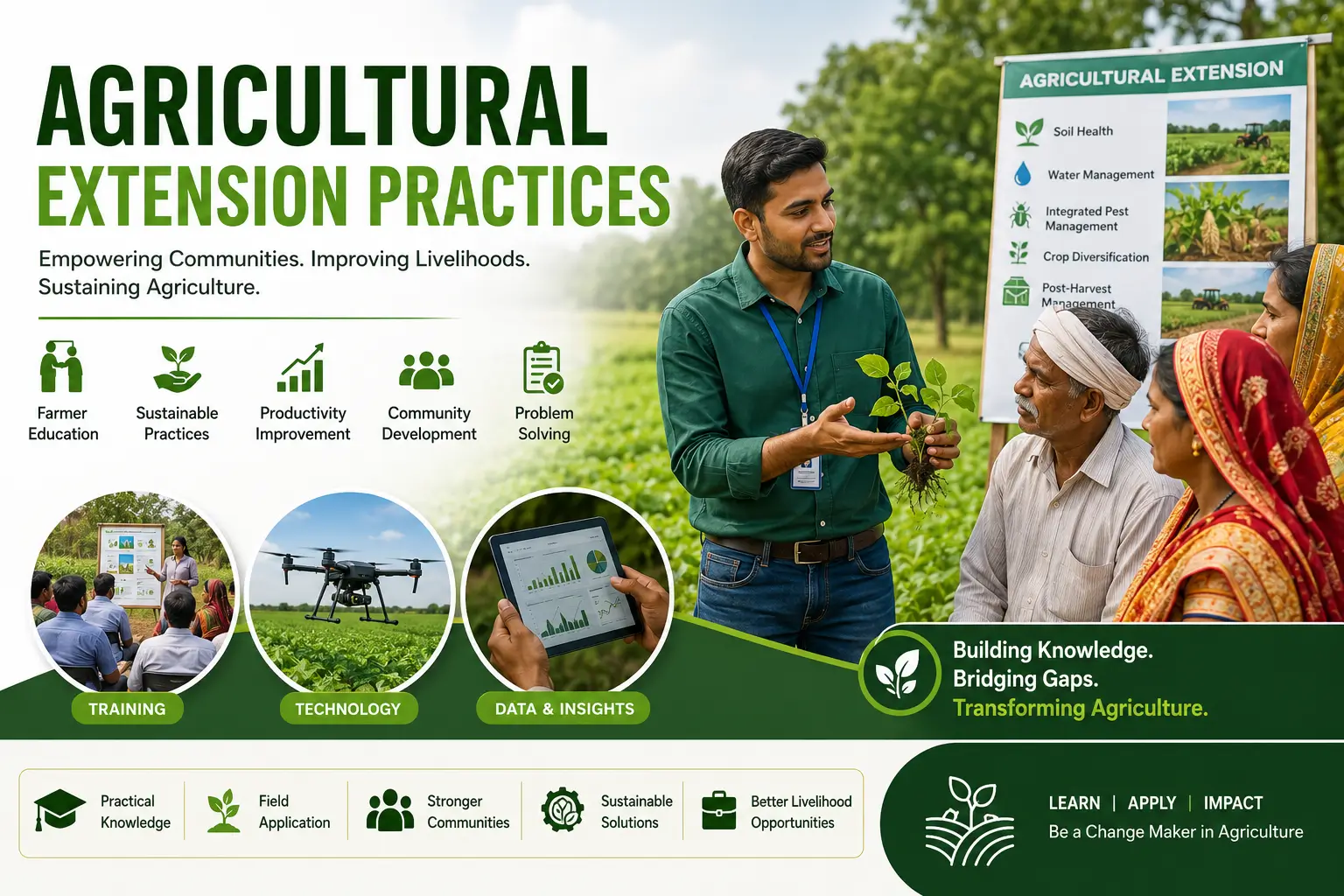 Agricultural Extension Practices course featuring farmer training, sustainable agriculture, and agricultural advisory services.