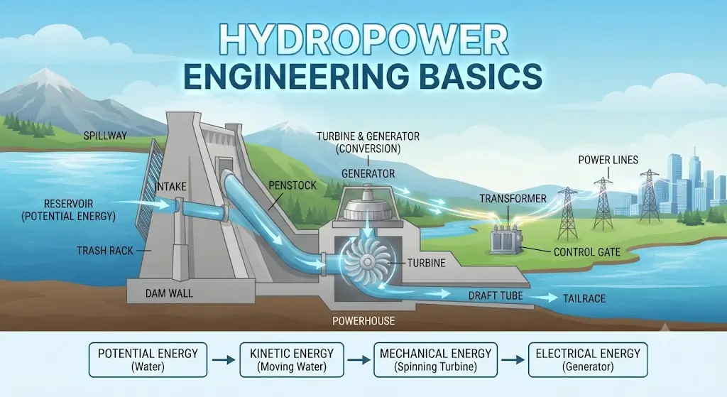 High-quality educational course image featuring Hydropower Engineering Basics with modern visuals