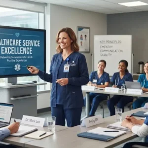 Professional e-learning image showing Healthcare Service Excellence and patient-centered care concepts