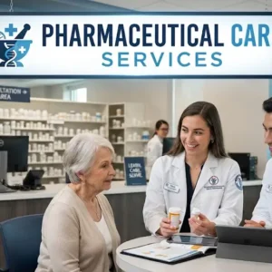 Modern educational image for Pharmaceutical Care Services course with patient care and medication management visuals