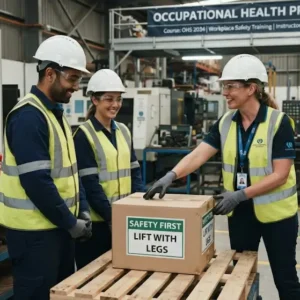 Modern educational image for Occupational Health Practices course with workplace safety and employee wellness visuals