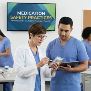 Professional e-learning image showing Medication Safety Practices and patient safety concepts