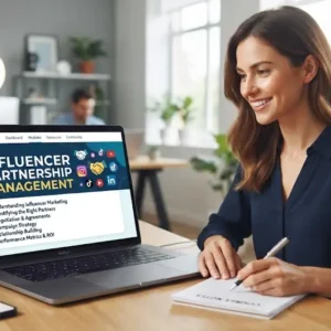 High-quality educational course image for Influencer Partnership Management with influencer collaboration and digital marketing visuals.
