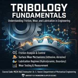 High-quality educational course image for Tribology Fundamentals with friction, wear, and lubrication visuals.
