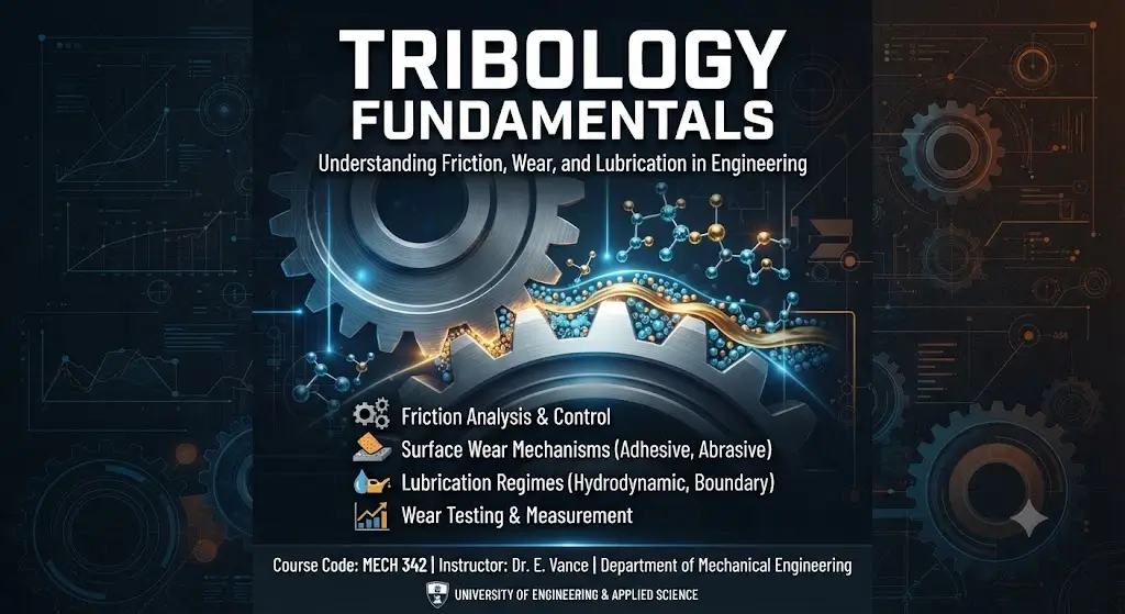 High-quality educational course image for Tribology Fundamentals with friction, wear, and lubrication visuals.