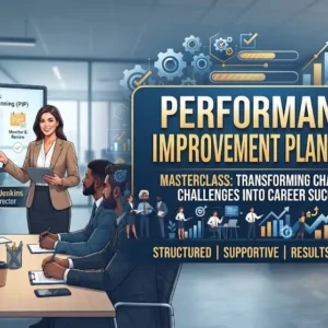Modern educational image for Performance Improvement Planning course with goal setting and employee development visuals