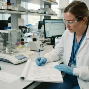 Modern educational image for Laboratory Documentation Practices course with compliance and record-keeping visuals