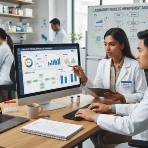 Modern educational image for Laboratory Process Improvement course with efficiency and optimization visuals