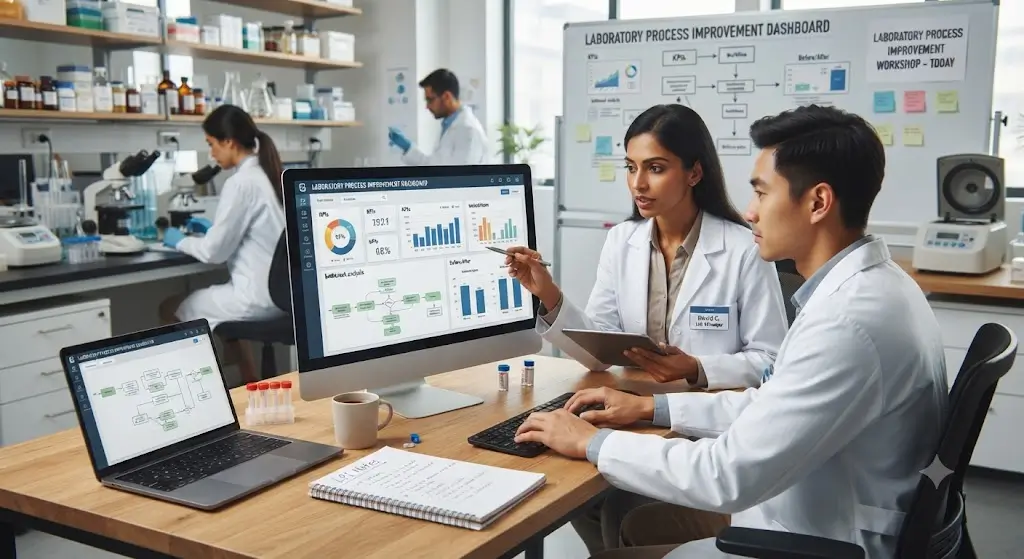 Modern educational image for Laboratory Process Improvement course with efficiency and optimization visuals