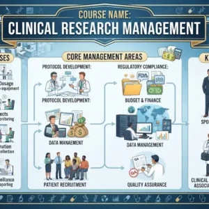 Modern educational image for Clinical Research Management course with clinical trials and regulatory compliance visuals