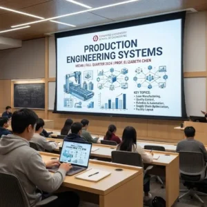 Modern e‑learning image showing Production Engineering Systems course visuals