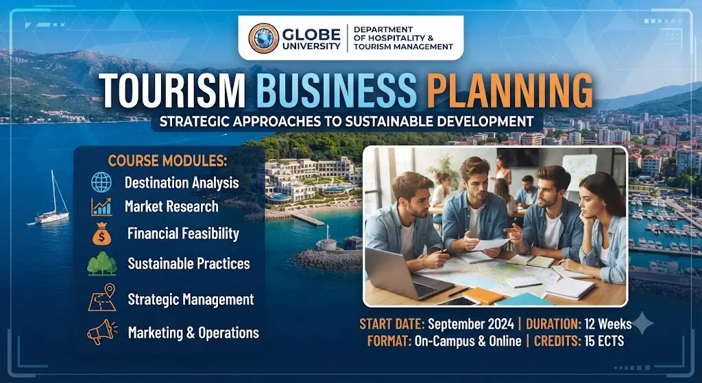 High-quality educational course image featuring Tourism Business Planning with modern visuals
