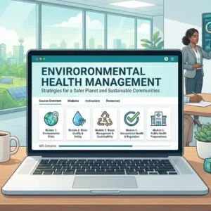 Modern educational image for Environmental Health Management course with sustainability and pollution control visuals