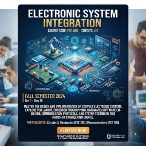 High-quality educational course image for Electronic System Integration with hardware-software integration and system design visuals.