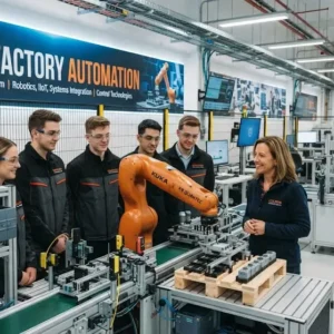 Professional e-learning image showing Smart Factory Automation and intelligent manufacturing concepts