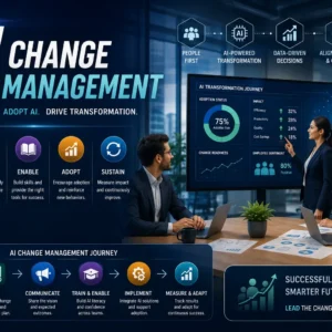 Educational banner for AI Change Management course with transformation and workforce visuals