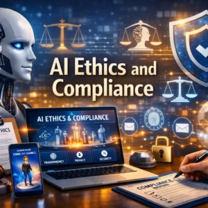 Professional AI Ethics and Compliance course image with robot and justice visuals