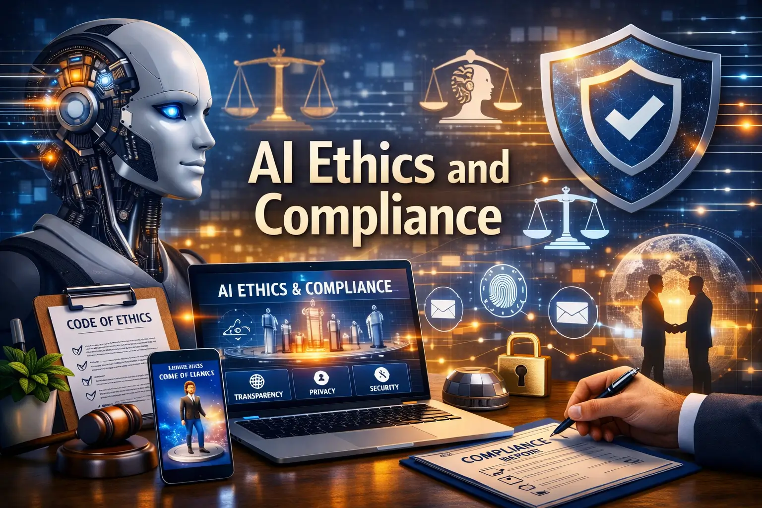 Professional AI Ethics and Compliance course image with robot and justice visuals