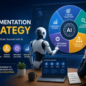 Educational banner for AI Implementation Strategy course with business and technology visuals