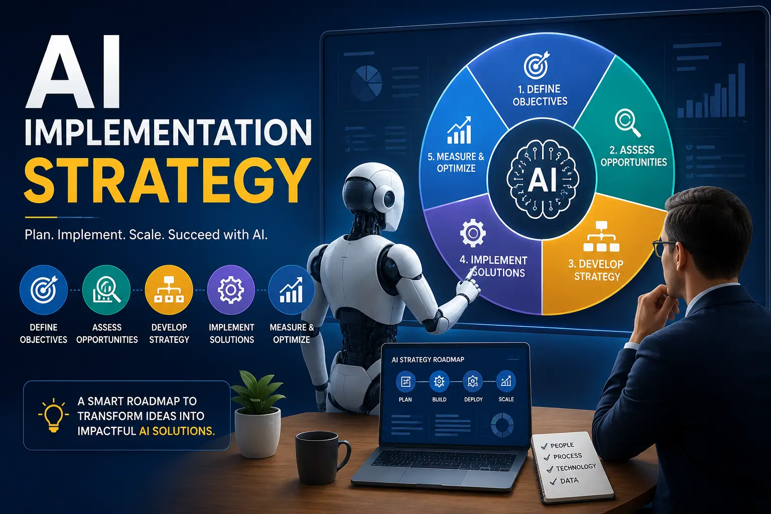 Educational banner for AI Implementation Strategy course with business and technology visuals