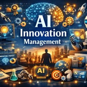 Educational banner for AI Innovation Management course with robotics and innovation visuals