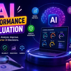 Educational banner for AI Performance Evaluation course with charts and AI visuals