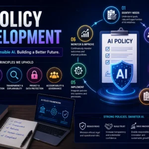 Educational banner for AI Policy Development course with governance and compliance visuals