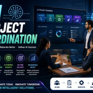 Educational banner for AI Project Coordination course with teamwork and AI visuals