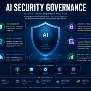 Educational banner for AI Security Governance course with shield, AI brain, and compliance visuals