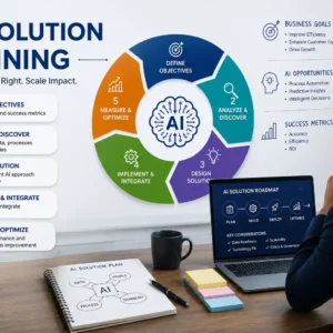 Educational banner for AI Solution Planning course with AI and business strategy visuals