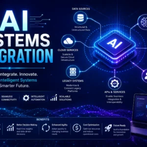 Educational banner for AI Systems Integration course with AI and enterprise system visuals