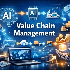 Educational banner for AI Value Chain Management course with robotics and data visuals