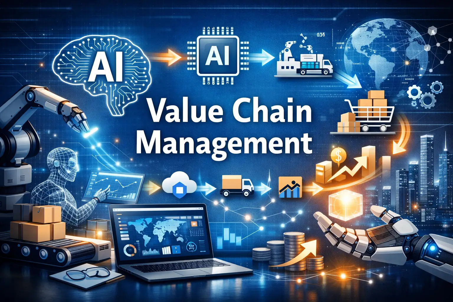 Educational banner for AI Value Chain Management course with robotics and data visuals