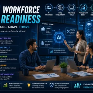 Educational banner for AI Workforce Readiness course with workforce and AI adoption visuals