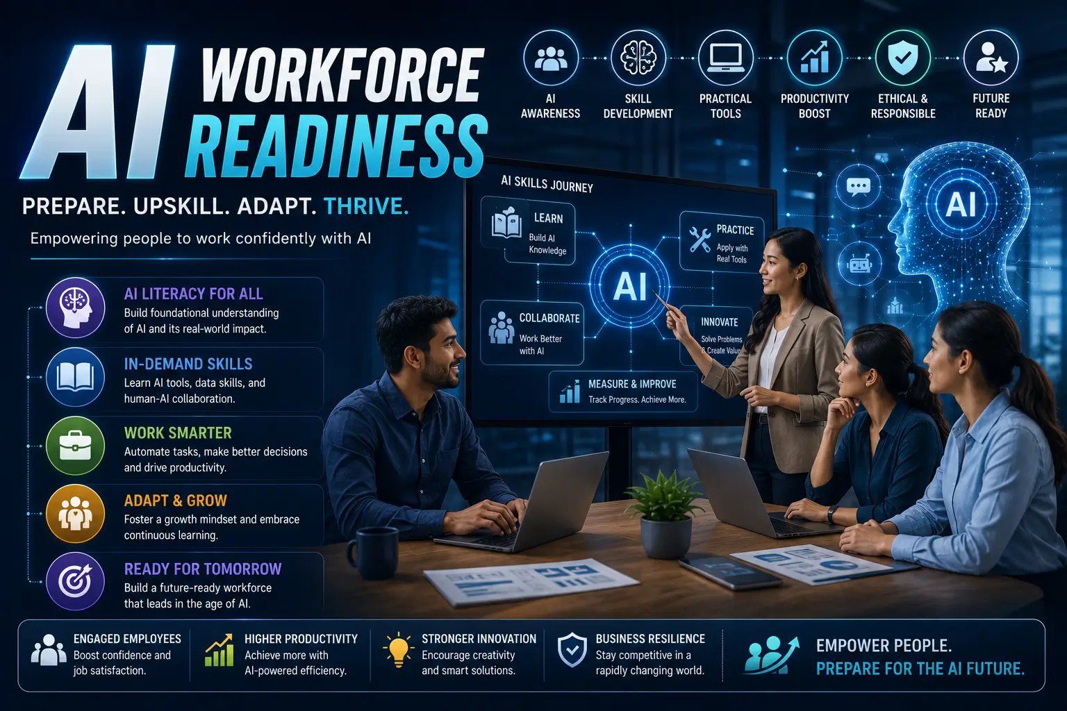 Educational banner for AI Workforce Readiness course with workforce and AI adoption visuals