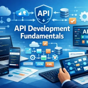 Educational banner for API Development Fundamentals course with coding and API integration visuals