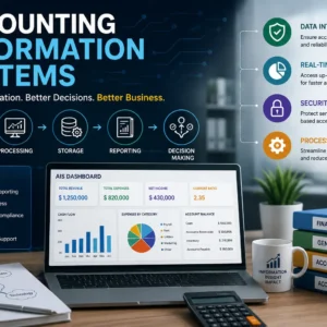 Educational banner for Accounting Information Systems course with finance and data management visuals