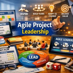 Professional Agile Project Leadership course image with teamwork and agile management visuals