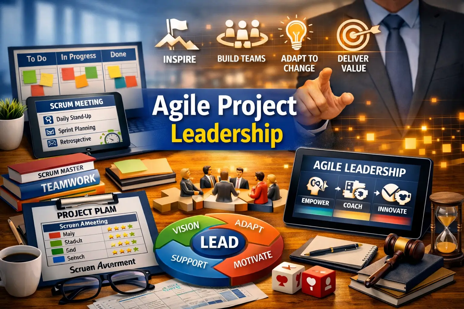 Professional Agile Project Leadership course image with teamwork and agile management visuals