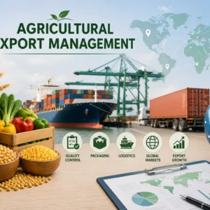 Professional banner showing Agricultural Export Management with trade and logistics visuals
