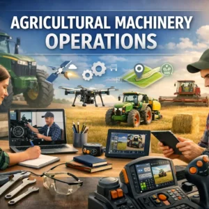 Professional banner showing Agricultural Machinery Operations with tractors and digital tools