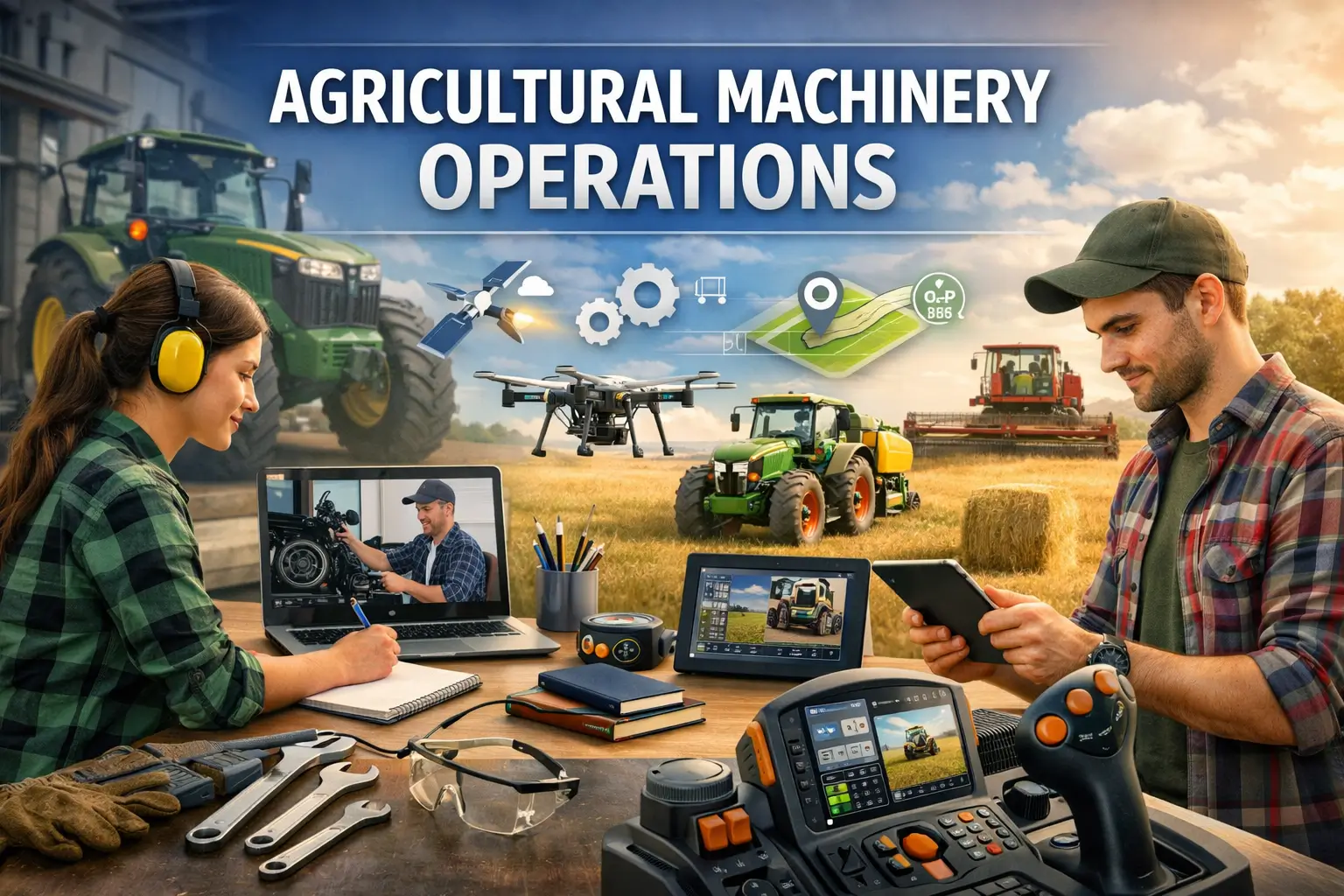 Professional banner showing Agricultural Machinery Operations with tractors and digital tools